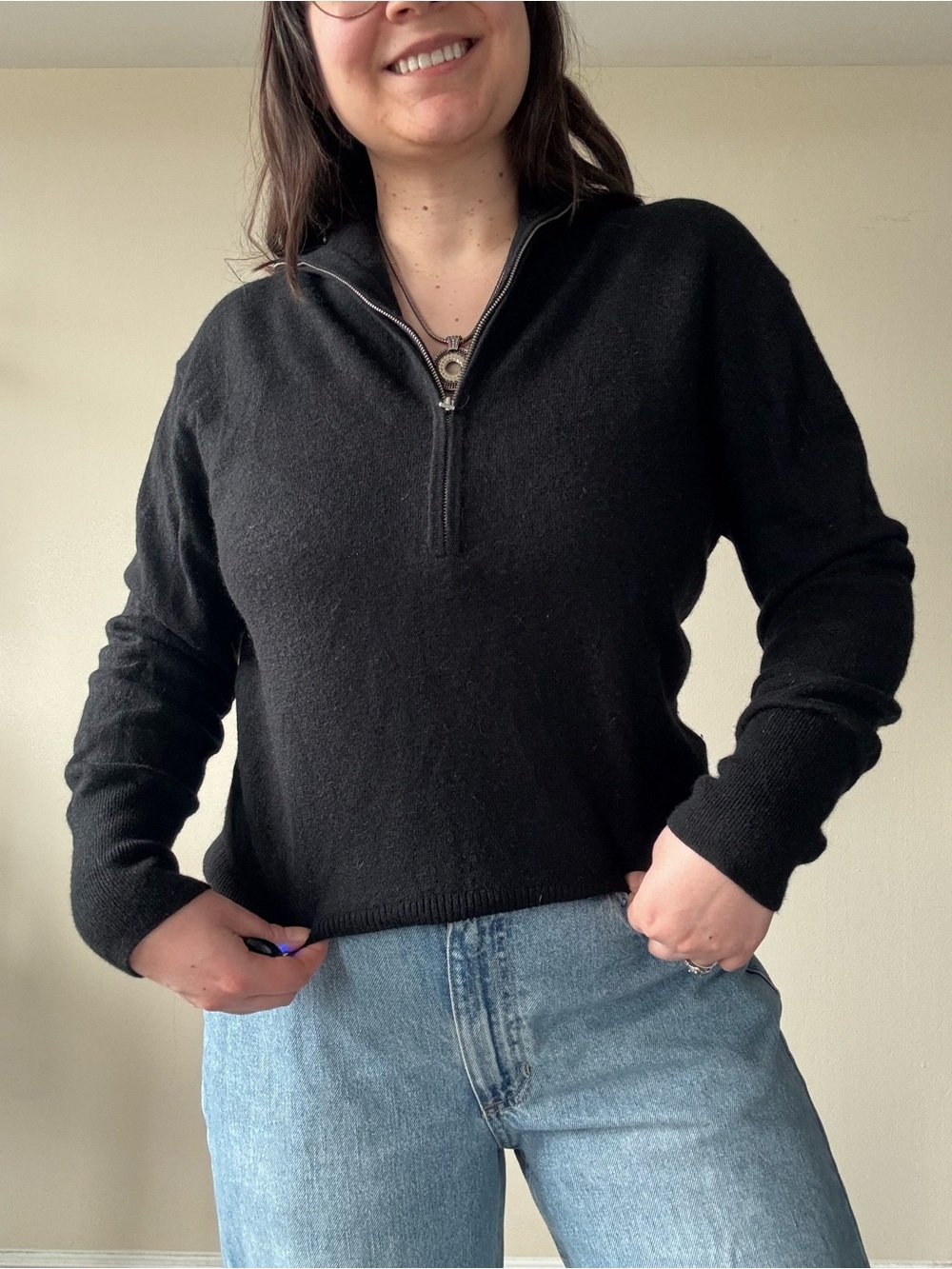 Everlane Black Half-Zip V Neck Sweater